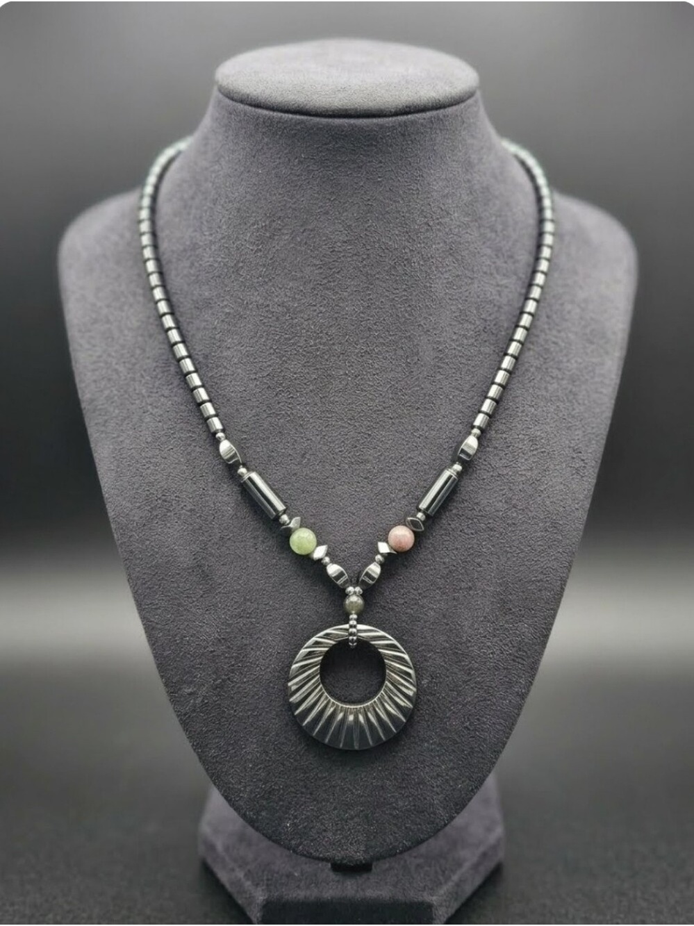 Hematite & Quartz Beaded Pendant Necklace Metallic Black